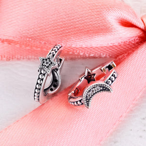 925 Silver Crescent Moon & Stars Beaded Hoop Earrings