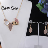 Cring Coco Women's Leaf Pendant Necklace Set Enamel Chian Party Jewelry