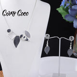 Cring Coco Women's Leaf Pendant Necklace Set Enamel Chian Party Jewelry