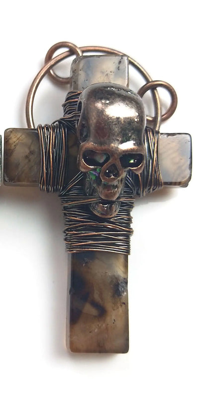 Ghost Skull Agate Pendant Wire Wrapped Gothic Necklace