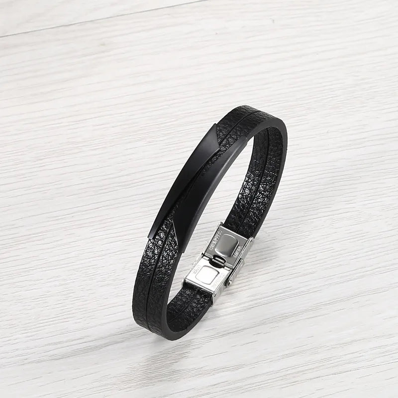 European American Creative Stainless Steel Leather Bracelet Men Beveled Edge
