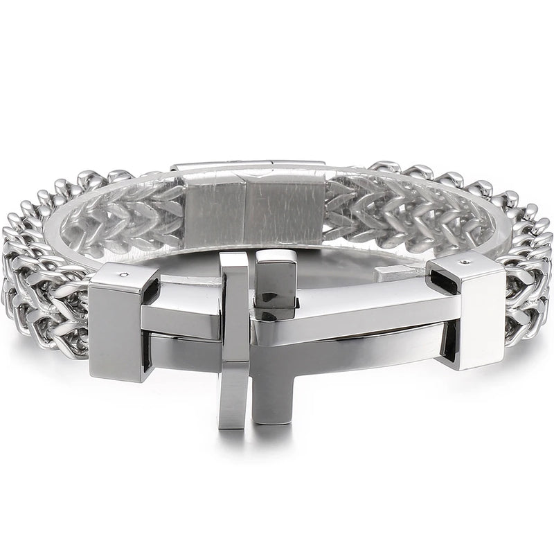 Mens Cross Bracelet Stainless Steel Link Wrist Jewelry