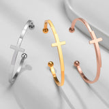 Cross Cuff Bracelet, Stainless Steel Bangle, Sideways Cross, Religious Jewelry