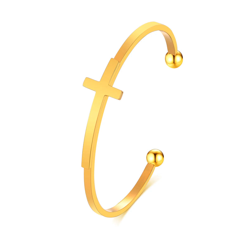 Cross Cuff Bracelet, Stainless Steel Bangle, Sideways Cross, Religious Jewelry