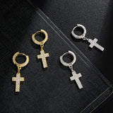 Micro Pave Silver Plated Cross Dangle Earring for Men Women