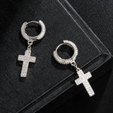 Micro Pave Silver Plated Cross Dangle Earring for Men Women