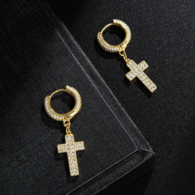 Micro Pave Silver Plated Cross Dangle Earring for Men Women