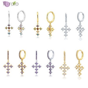 Colorful Crystal Cross Hoop Earrings 925 Sterling Silver Party Jewelry