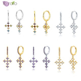 Colorful Crystal Cross Hoop Earrings 925 Sterling Silver Party Jewelry