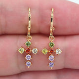 Colorful Crystal Cross Hoop Earrings 925 Sterling Silver Party Jewelry
