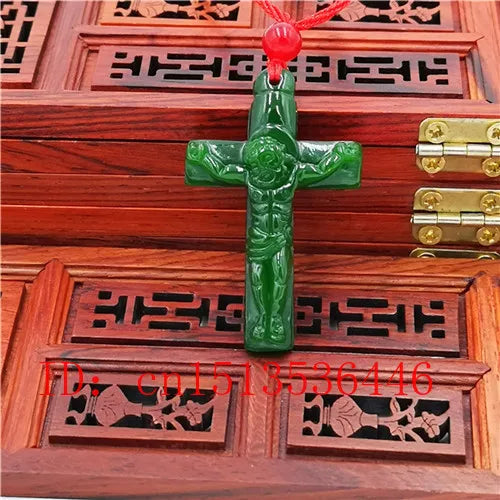 Jesus Carved Jade Pendant Chinese Green Necklace Charm Jadeite Jewellery