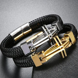 Men's Cross Leather Wrap Bracelet Stainless Steel Charm Bangle