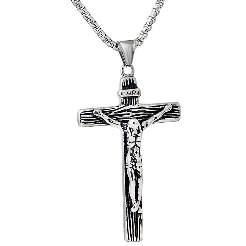 Cross Necklace Crucifix Jesus Pendant Stainless Steel Men Chain