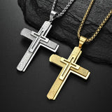 Men's Cross Necklace 3-tier Pendant Titanium Steel Plated Muscular Male Large