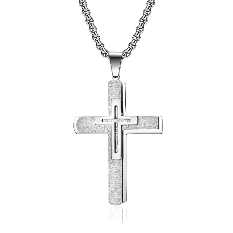 Men's Cross Necklace 3-tier Pendant Titanium Steel Plated Muscular Male Large