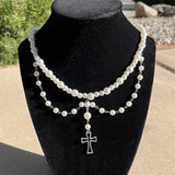 Cross Pearl Rosary Necklace Soft Fairy Trash Necklace