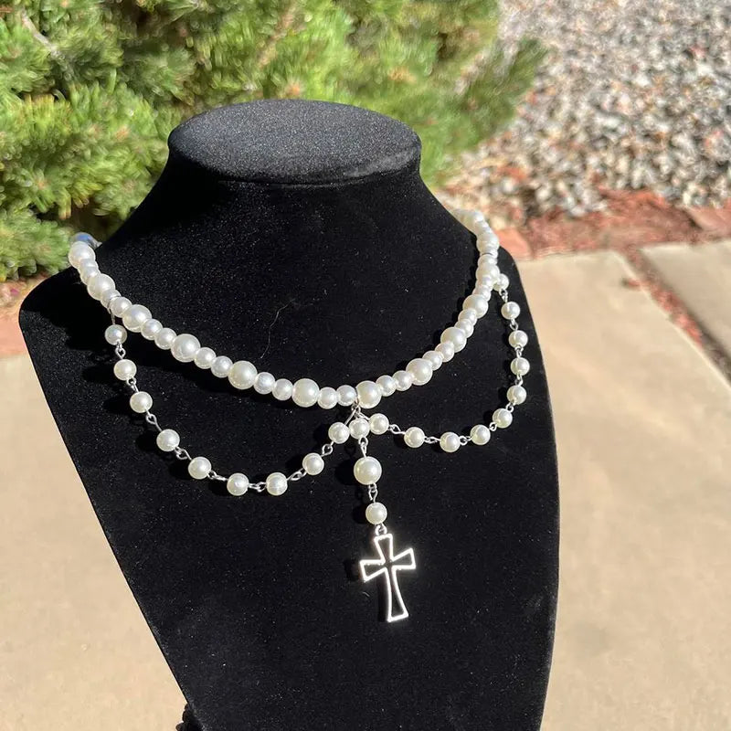 Cross Pearl Rosary Necklace Soft Fairy Trash Necklace