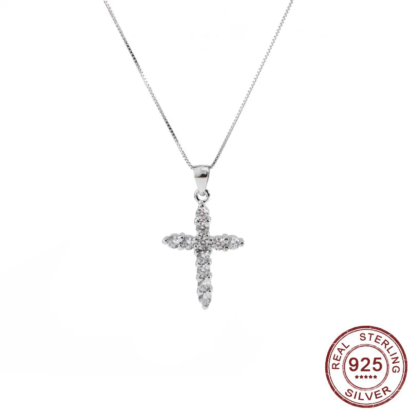 Cross Pendant 925 Silver Necklace CZ Christianity Jewelry Women Gift