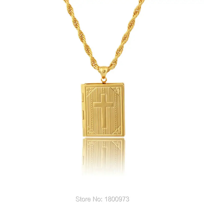 18K Cross Pendant Men's Holy Bible Locket Necklace Jesus Cross Jewelry
