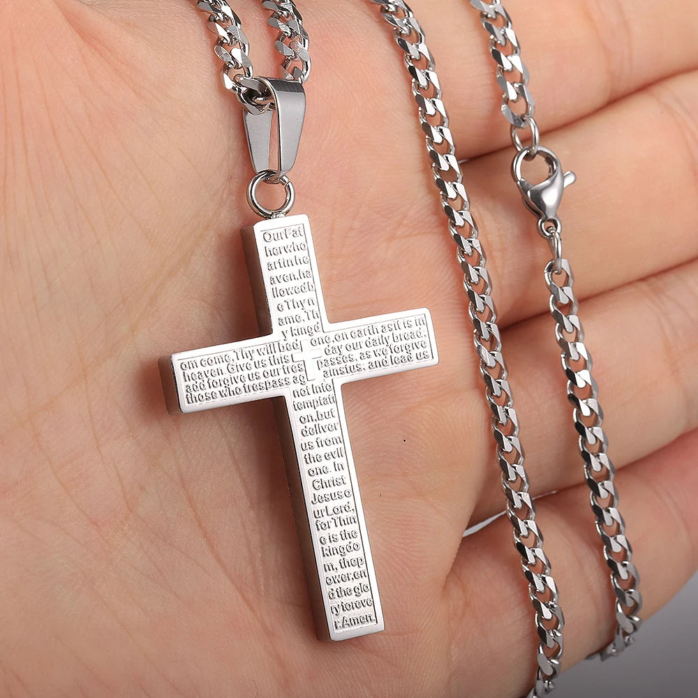 Cross Pendant Necklace Men Women Jesus Christ Charm Silver Cuban Chain