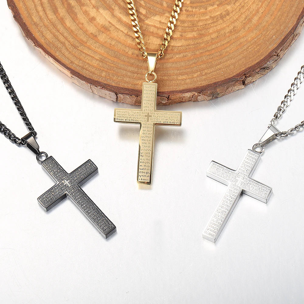 Cross Pendant Necklace Men Women Jesus Christ Charm Silver Cuban Chain