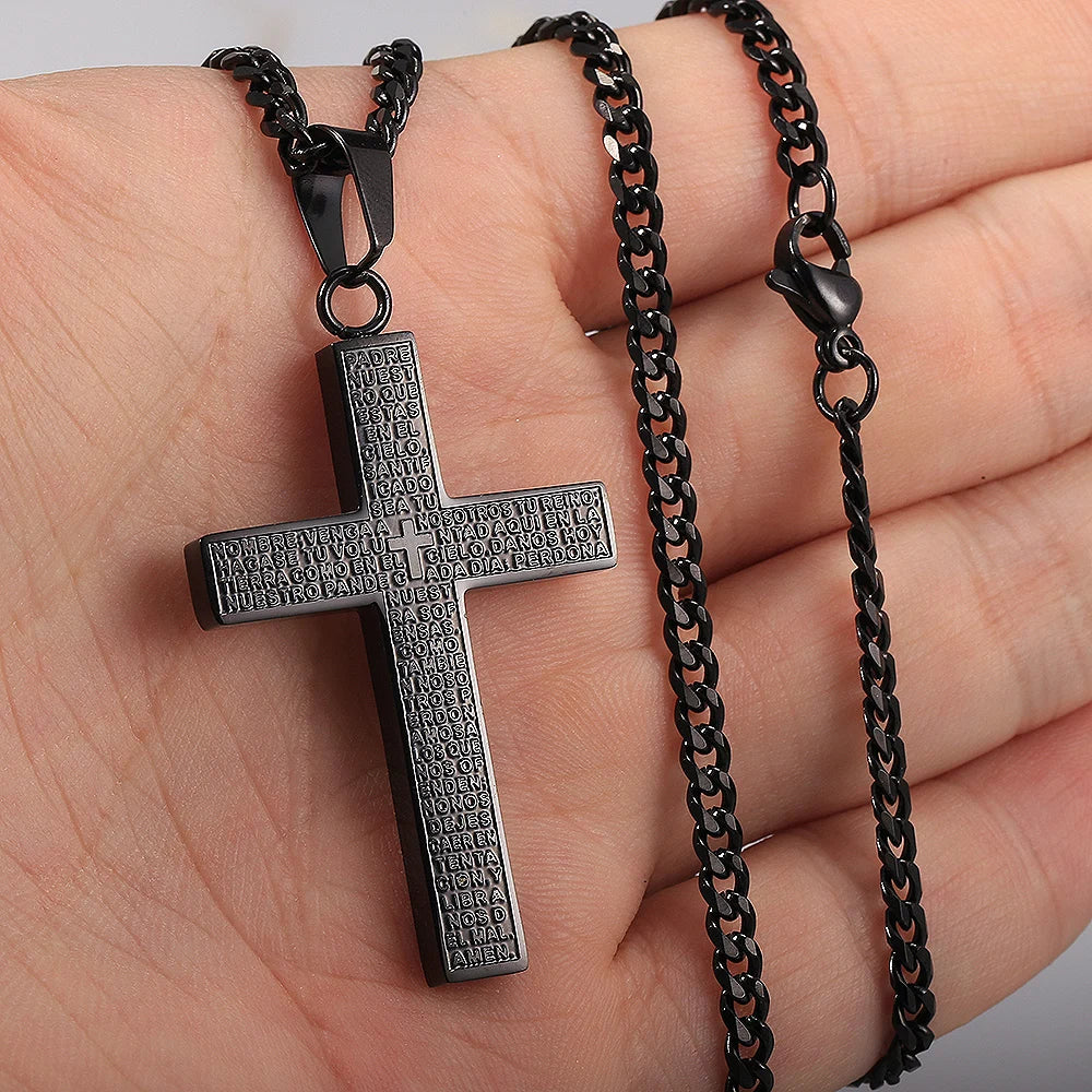 Cross Pendant Necklace Men Women Jesus Christ Charm Silver Cuban Chain