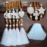 Boho Cross Pendant Necklace Wooden Beads Heart Tassel Jewelry