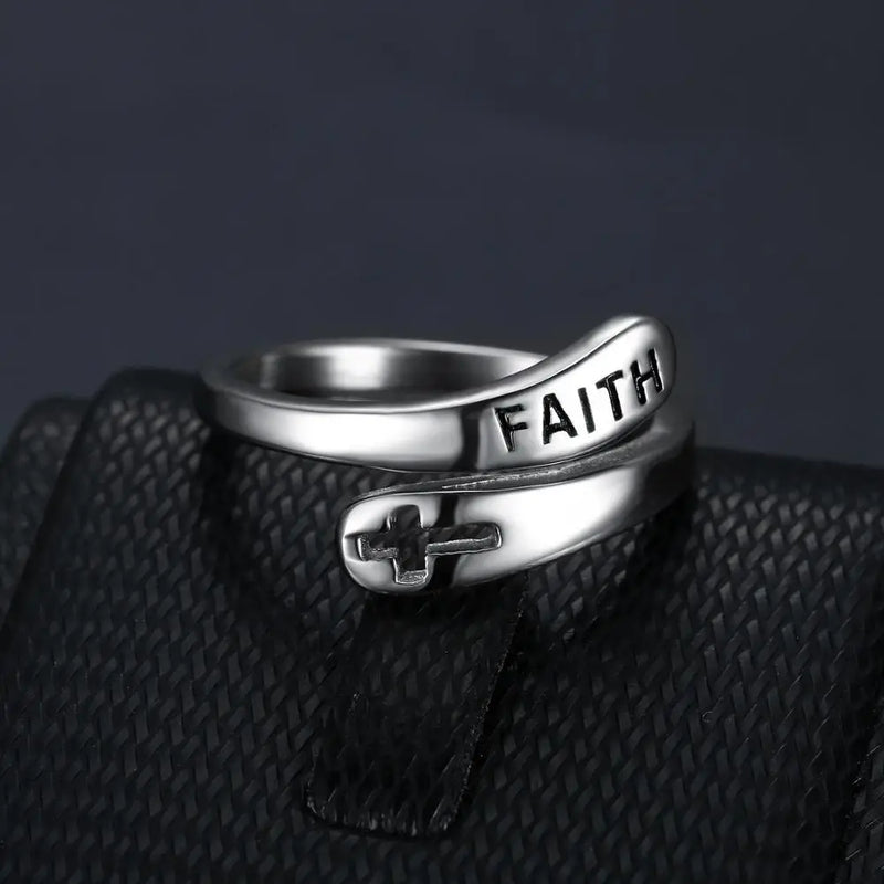 316L Stainless Steel Cross Ring for Women Punk Letter Seal Faith Steel Winding
