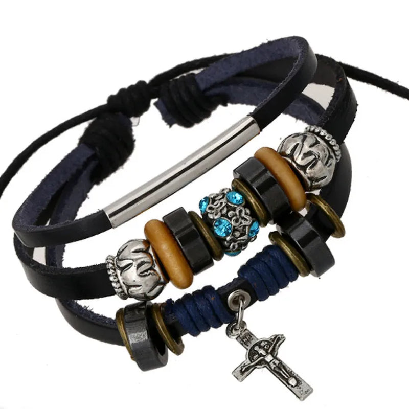 Men's Leather Bracelet Classic Beads Charm Wrap Bangle Jesus Wristbands