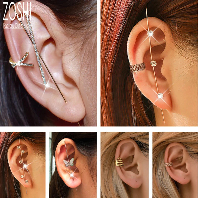 Vintage CZ Leaves Ear Wrap Ear Cuff Earrings