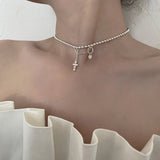 925 Sterling Silver Cross Bead Choker Chain Necklace