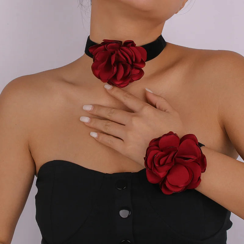 Geometric Choker Bracelet Rose Flocking Cloth Necklace