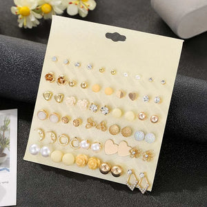 Vintage Rhinestone Flower Faux Pearl Stud Earrings Set - 30 Pairs