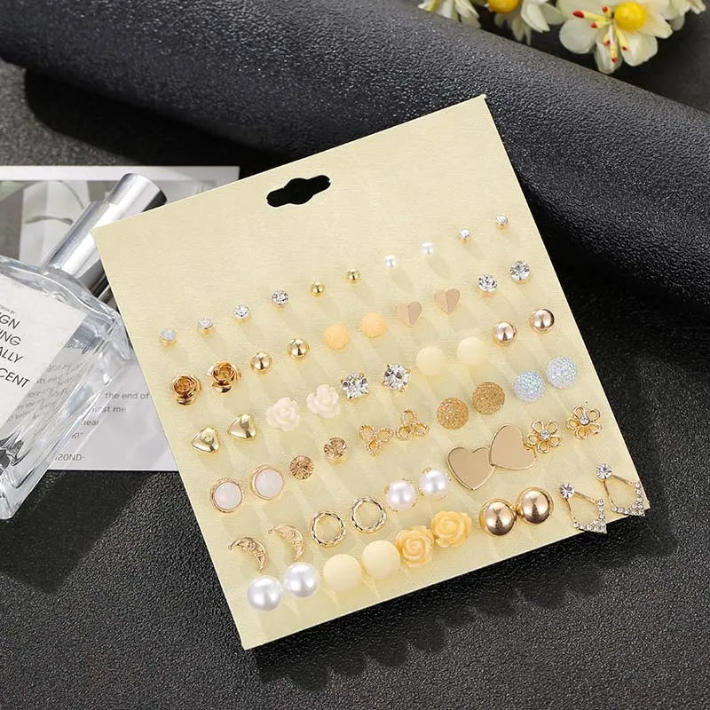 Vintage Rhinestone Flower Faux Pearl Stud Earrings Set - 30 Pairs