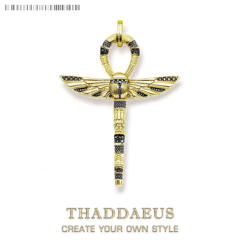 Ankh Scarab Golden Pendant Vintage Jewelry 925 Sterling Silver Amulet