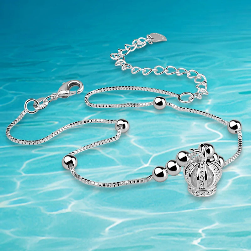 925 Sterling Silver Crown Anklet Lucky Beaded Anklet for Women
