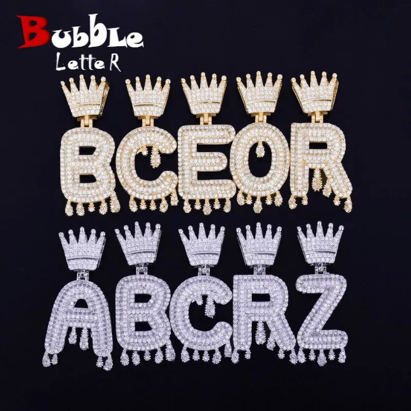 Crown Bail Drip Initials Bubble Letters Chain Necklaces & Pendant