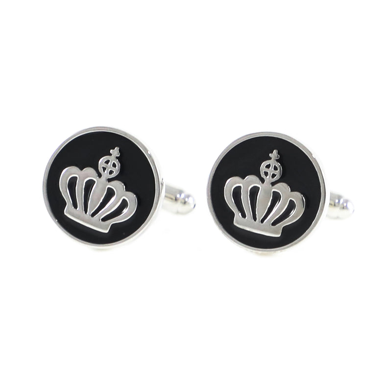 Enamel Silver Tone Crown Round Cuff Links