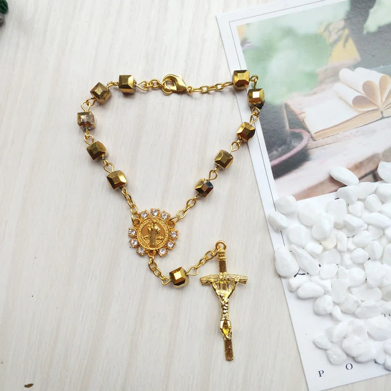 Saint Benedict Cross Bracelet Crystal Beads Rosary