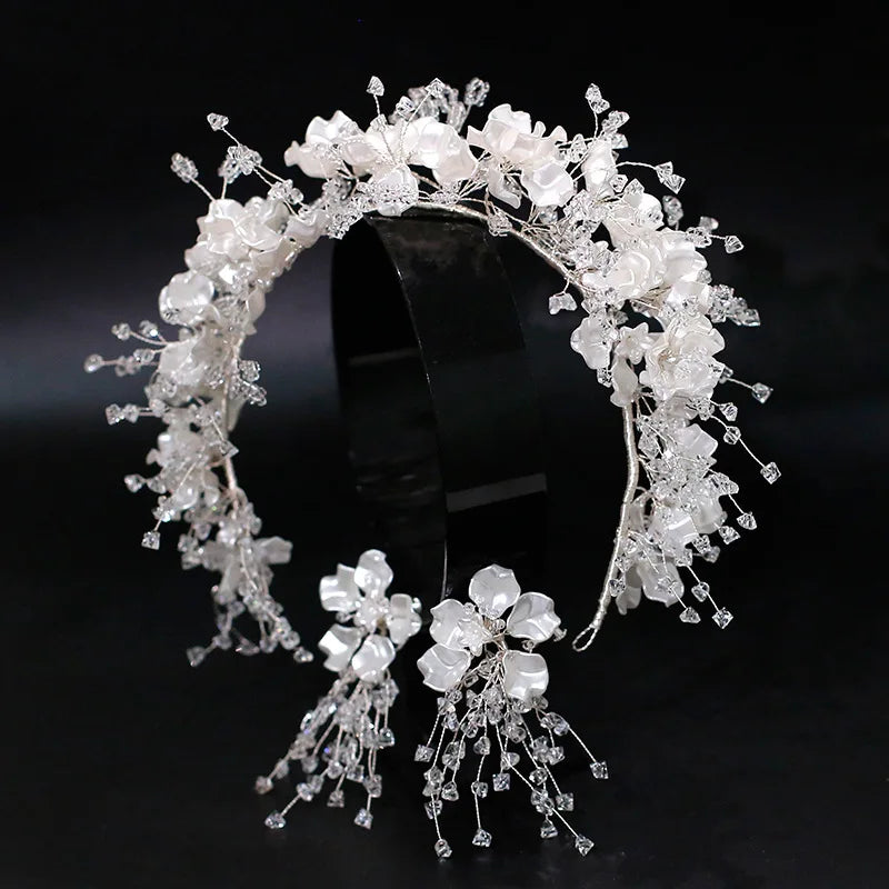 Crystal Beaded Hair band Earrings Set Bride's Wedding Tiara