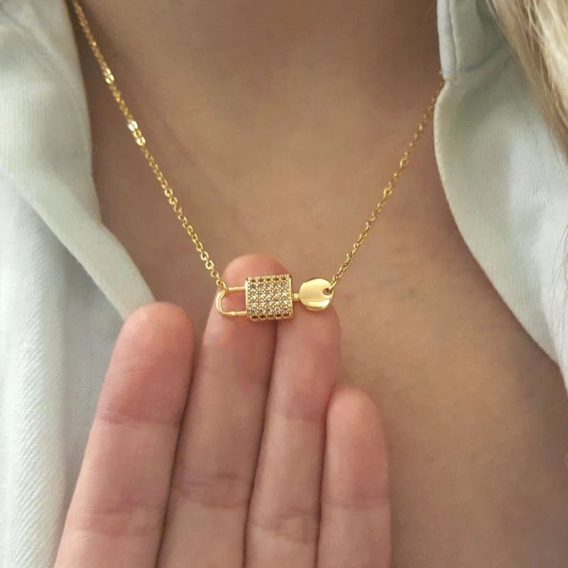 Crystal Lock And Key Pendant Necklace Women Jewelry Stainless Steel