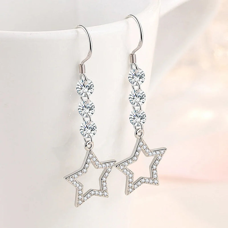 Crystal Bling Stars Long Drop Earrings 18k Silver Jewelry