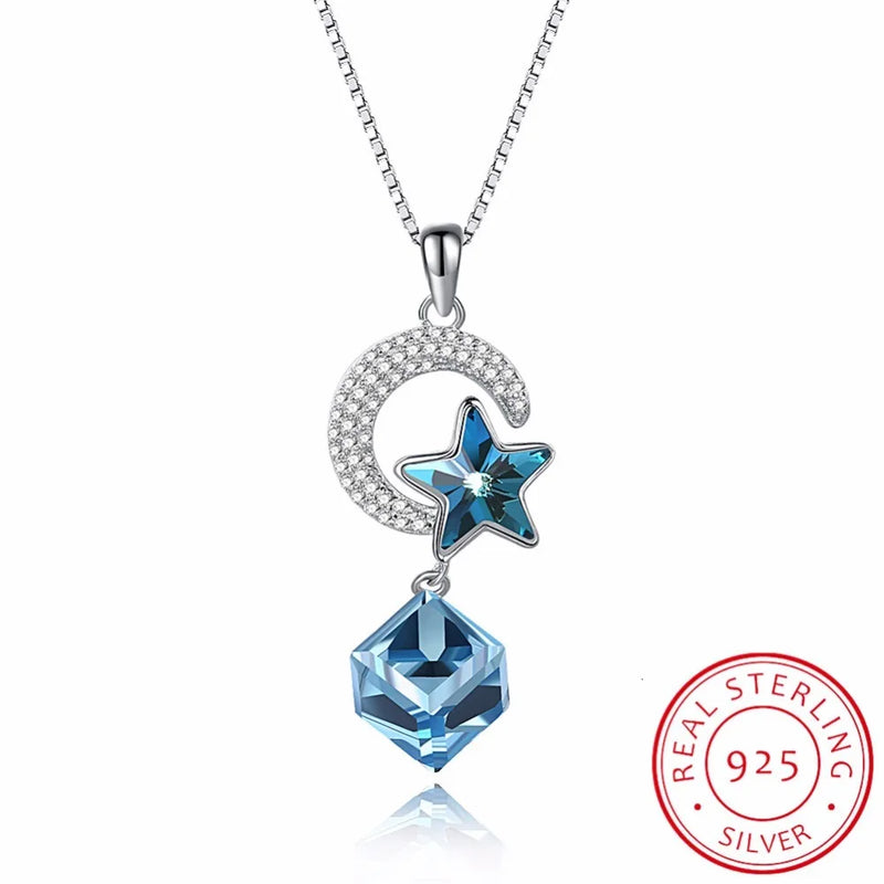 Crystal Star Cube Moon Star Pendant Necklace S925 Sterling Silver Chain