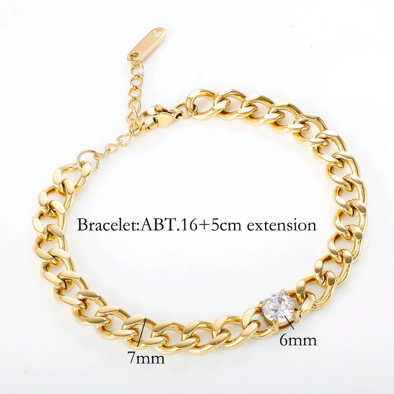 CZ Pendant Cuban Chain Bracelet Stainless Steel Women Jewelry