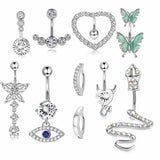 Crystal Butterfly Belly Button Ring Set - Heart Flower Navel Barbell Pack
