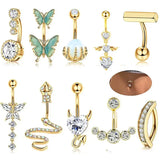 Crystal Butterfly Belly Button Ring Set - Heart Flower Navel Barbell Pack