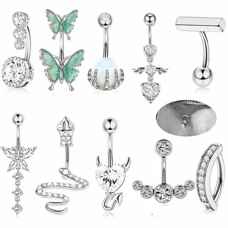 Crystal Butterfly Belly Button Ring Set - Heart Flower Navel Barbell Pack