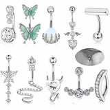 Crystal Butterfly Belly Button Ring Set - Heart Flower Navel Barbell Pack