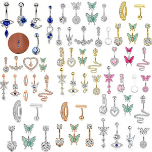 Crystal Butterfly Belly Button Ring Set - Heart Flower Navel Barbell Pack