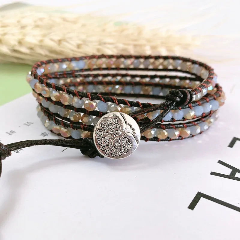 Colorful Crystal Winding Bracelet Multilayer Leather Rope Braided Bangle
